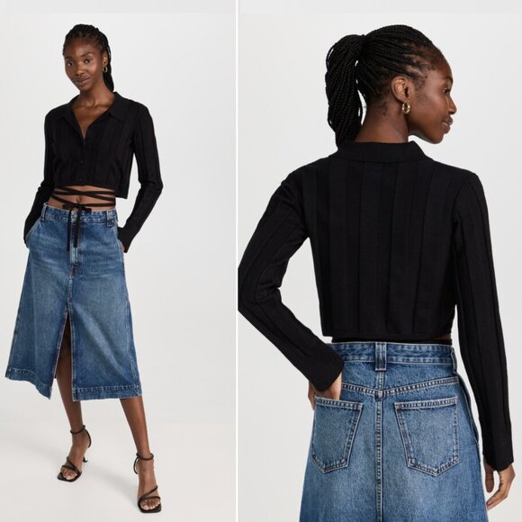 Something Navy Cropped Ribbed Button Up Sweater w/ Strappy Waist Tie in M/Medium - Picture 1 of 8